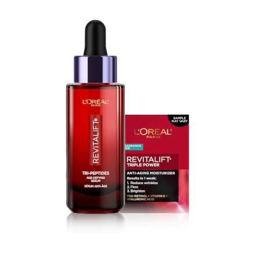 L'Oreal Paris Revitalift Triple Power Face Serum with Tri-Peptides, Hyaluronic Acid and Vitamin C, Anti Aging, Anti Wrinkle Serum to Firm and Brighten, 1 FL oz, + Sample | Amazon (US)