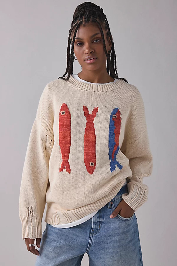 BDG Kurt Fish Graphic Distressed Sweater in Ivory Combo, Women's at Urban Outfitters | Urban Outfitters (US and RoW)