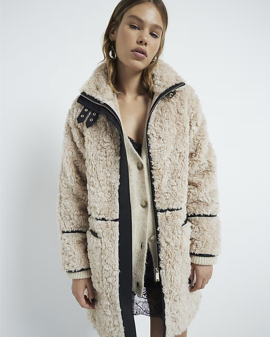 Cream Faux Shearling Pocket Detail Coat | River Island UK & IE