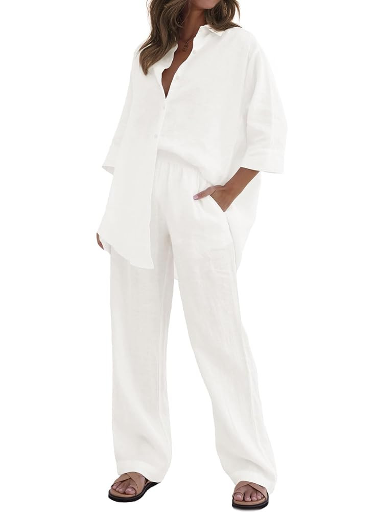 RAISECOM Women's 2 Piece Outfits Sets Button Down Half Sleeve Shirts and Long Pants Summer Casual... | Amazon (US)