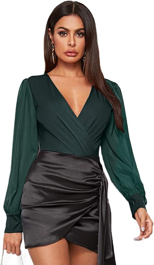 WDIRARA Women's Deep V Neck Long Sleeve Solid Wrap Surplice Bodysuit | Amazon (US)