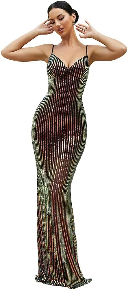 Miss ord Women’s Formal V Neck Spaghetti Straps Maxi Prom Dress, Colorful Sequin Sleeveless Bal... | Amazon (US)