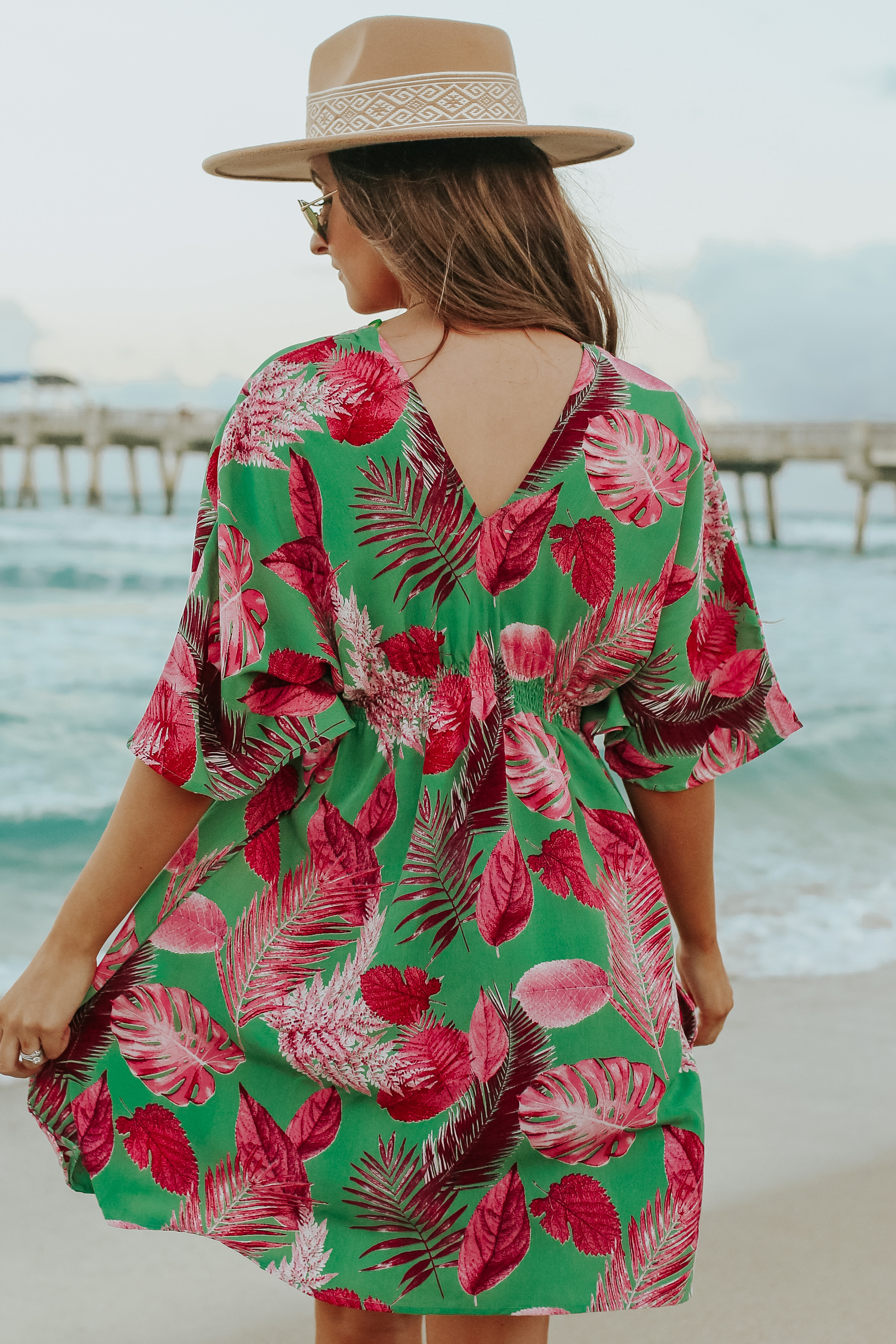 V-Neck Green/Pink Palm Empire Dress | Magnolia Boutique