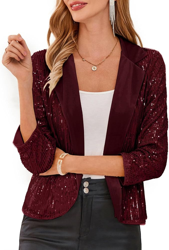 GRACE KARIN Sequin Blazer for Women Sparkly Sequin Jacket Ruched 3/4 Sleeve Lapel Open Front Shim... | Amazon (US)