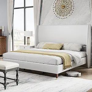 PaPaJet Queen Platform Bed Frame 51.2" High Headboard Linen Tall Upholstered Bed/No Box Spring Re... | Amazon (US)