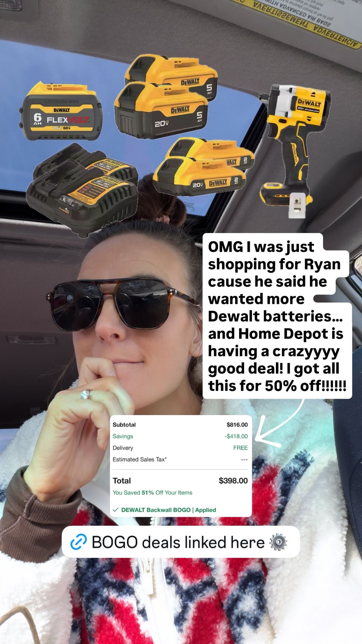 OMG I was just shopping for Ryan cause he said he wanted more Dewalt batteries… and Home Depot is having a crazyyyy good deal! I got all this for 50% off!!!!!! @dewalttough @homedepot