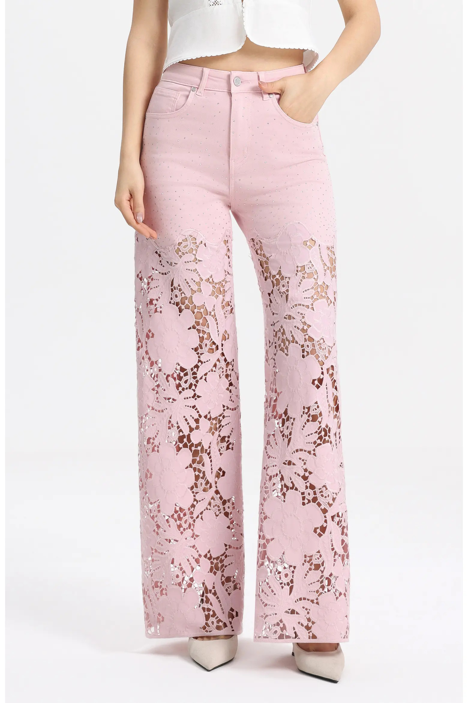 Crystal Embellished Lace Wide Leg Jeans (Women) | Nordstrom | Nordstrom