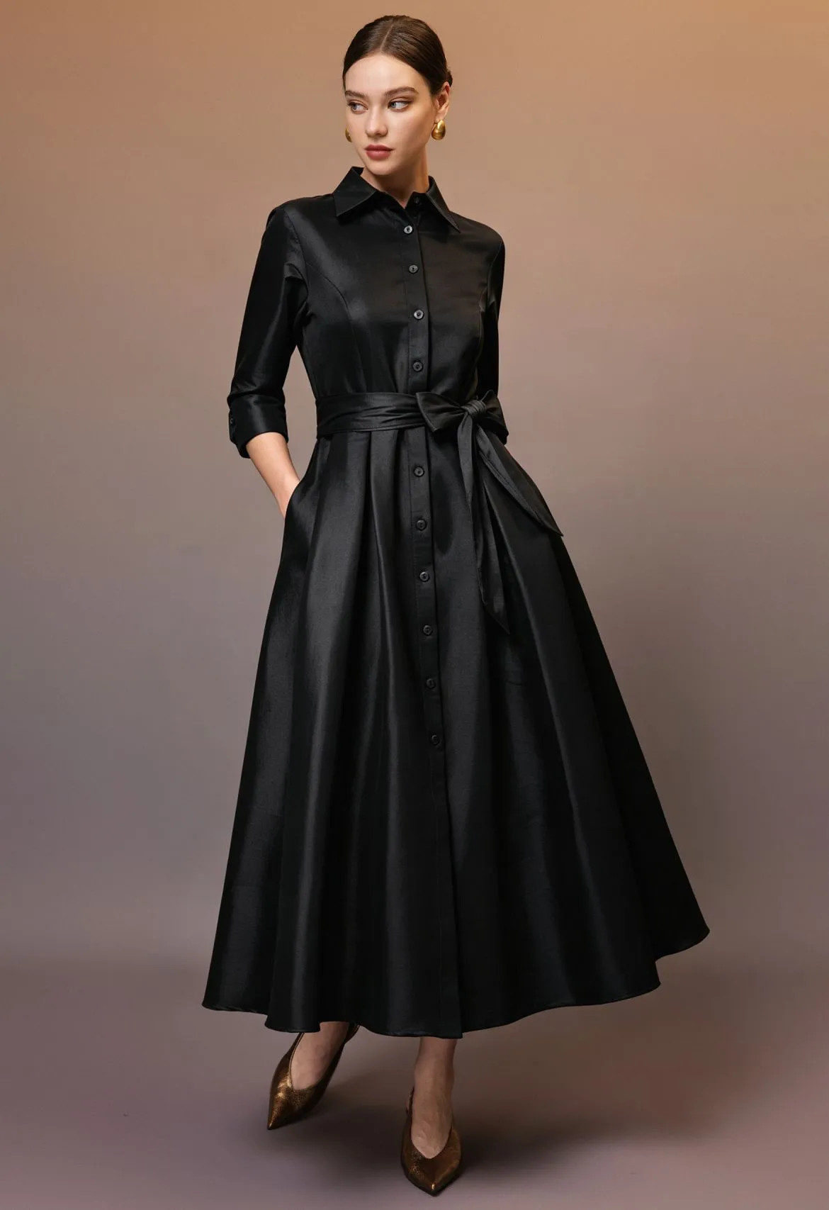 Satin Elbow Sleeve Tie-Bow Shirtwaist Maxi Dress in Black for Holiday Galas & Wedding Receptions | Chicwish