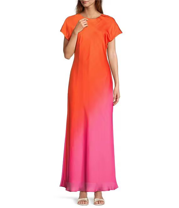 Fallon Printed Satin Ombre Boat Neck Short Sleeve Long Slip Dress | Dillard's