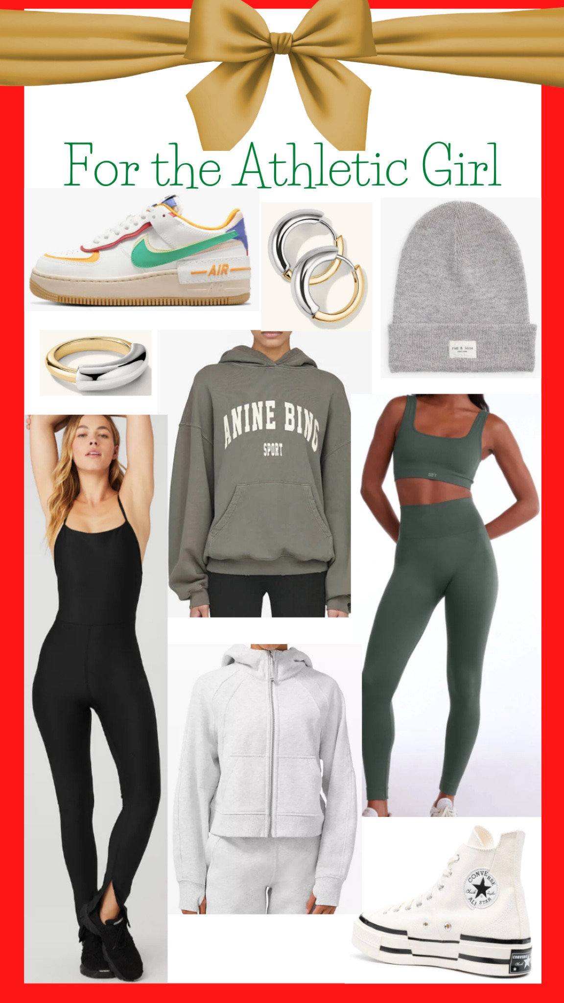 For the sporty athletic girls!
Nike Air Force shadow, converse high top platform, mixed metal jewelry, set active, jumpsuit, scuba hoodie, anine bing sport, beanie 

#LTKGiftGuide #LTKHoliday #LTKSeasonal