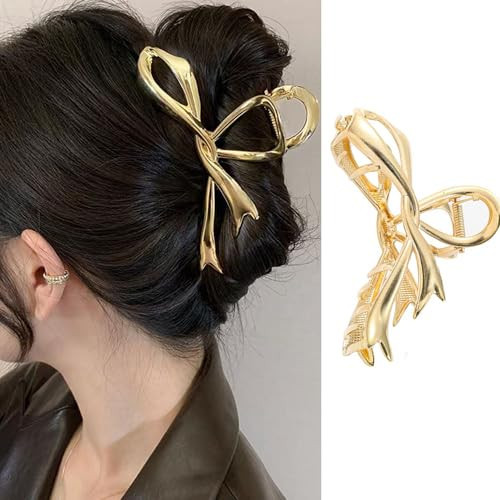 Gold Ribbon Bow Hair Clips - Alloy Non-Slip Claw Clips with Strong Hold Grip for Thick, Thin Hair Accessories (1Pcs) | Amazon (US)