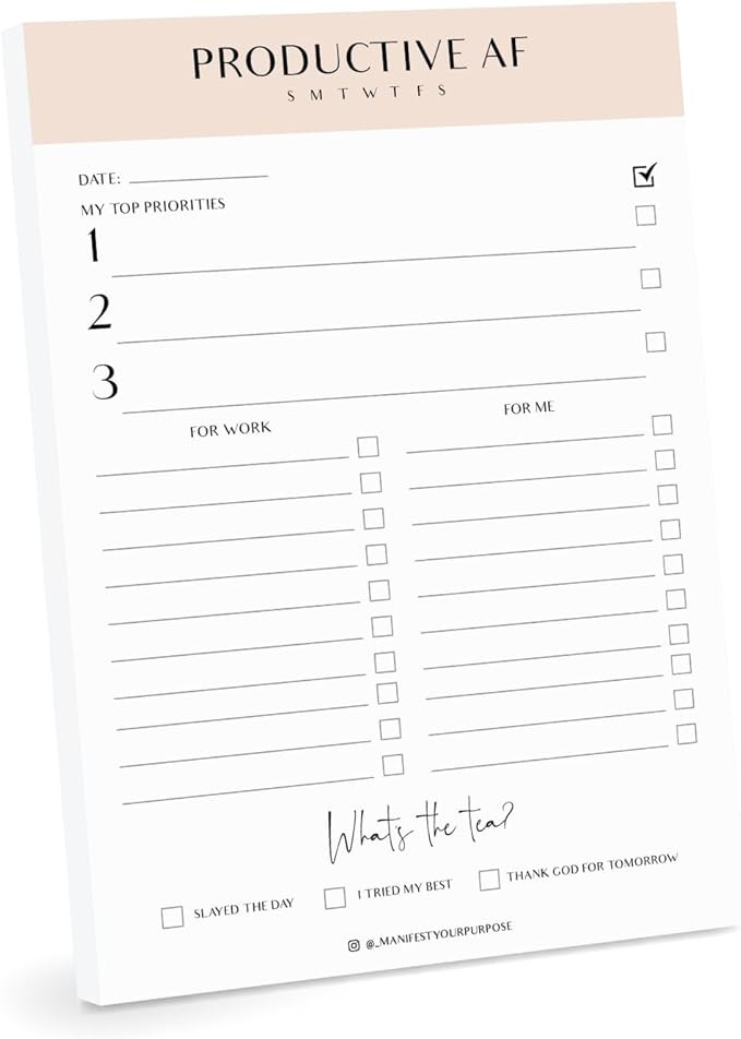 Productive AF Notepad, Daily Planner, Simple Pink Notepad, Organizer, To - Do Lists, Size A5, Und... | Amazon (US)