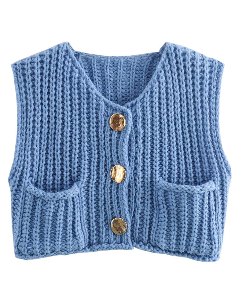 Women's Sleeveless Chunky Knit Top Casual Cropped Button Down Sweater Vest Open Front Cardigan wi... | Amazon (US)