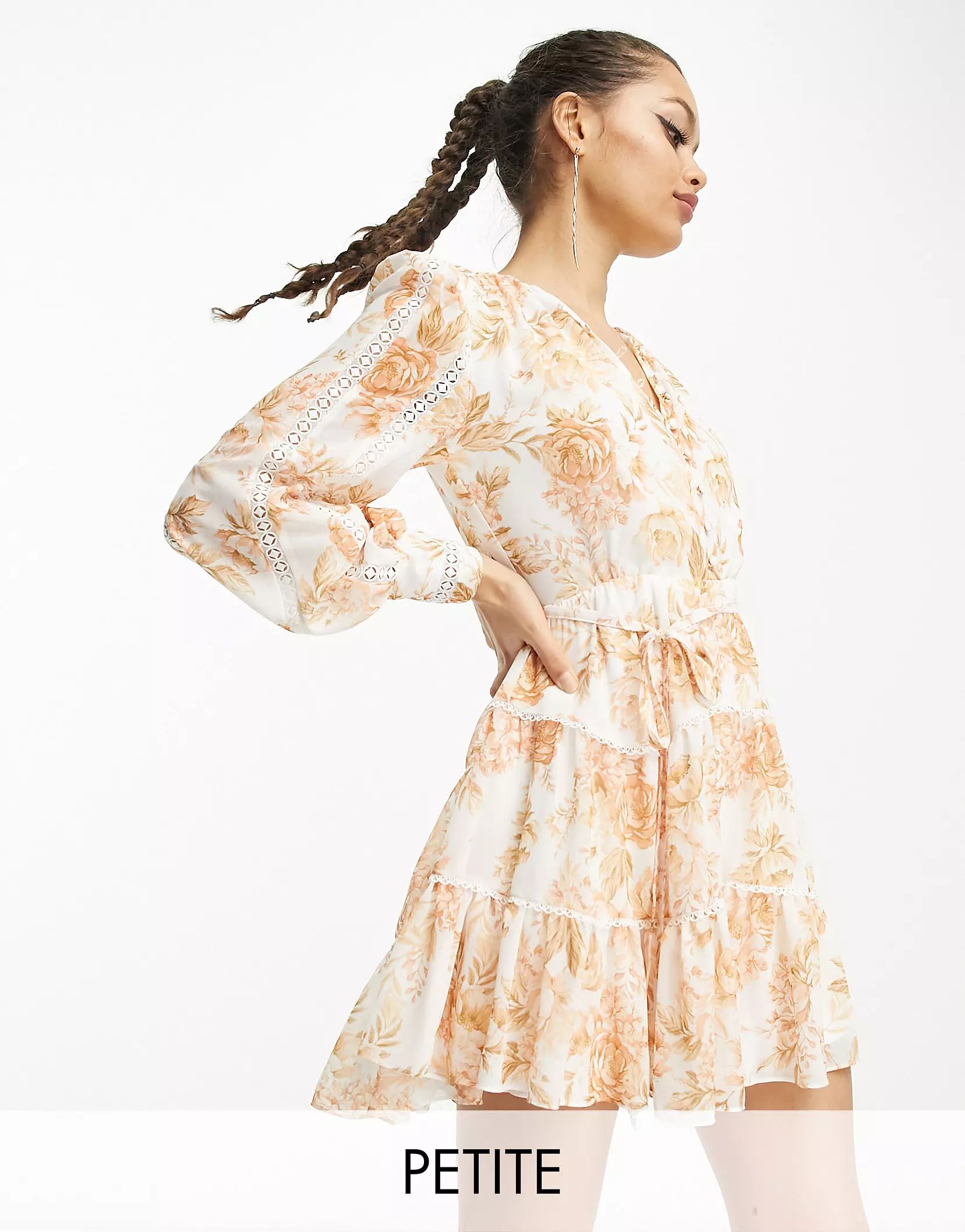 Ever New Petite lace insert mini dress in apricot floral | ASOS (Global)