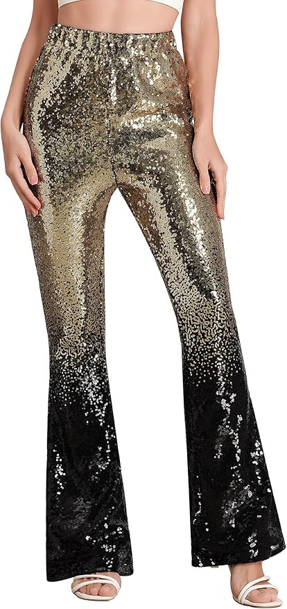 ODIZLI Womens Bell Bottom Sparkle Sequin Flare Pants Elastic High Waisted Bling Glitter Dance Pan... | Amazon (US)