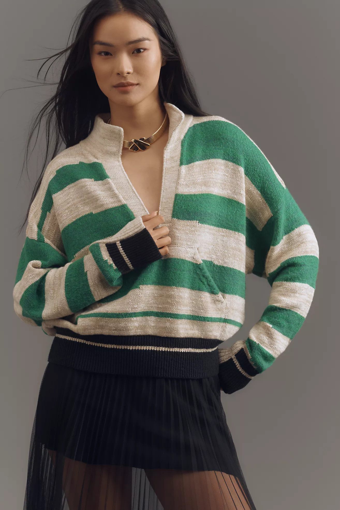 Pilcro Plunging V-Neck Rugby Stripe Collared Pullover Sweater | Anthropologie (US)
