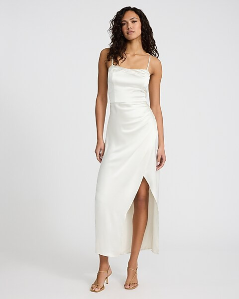Satin Sweetheart Sleeveless Wrap Ruched Side Maxi Dress | Express