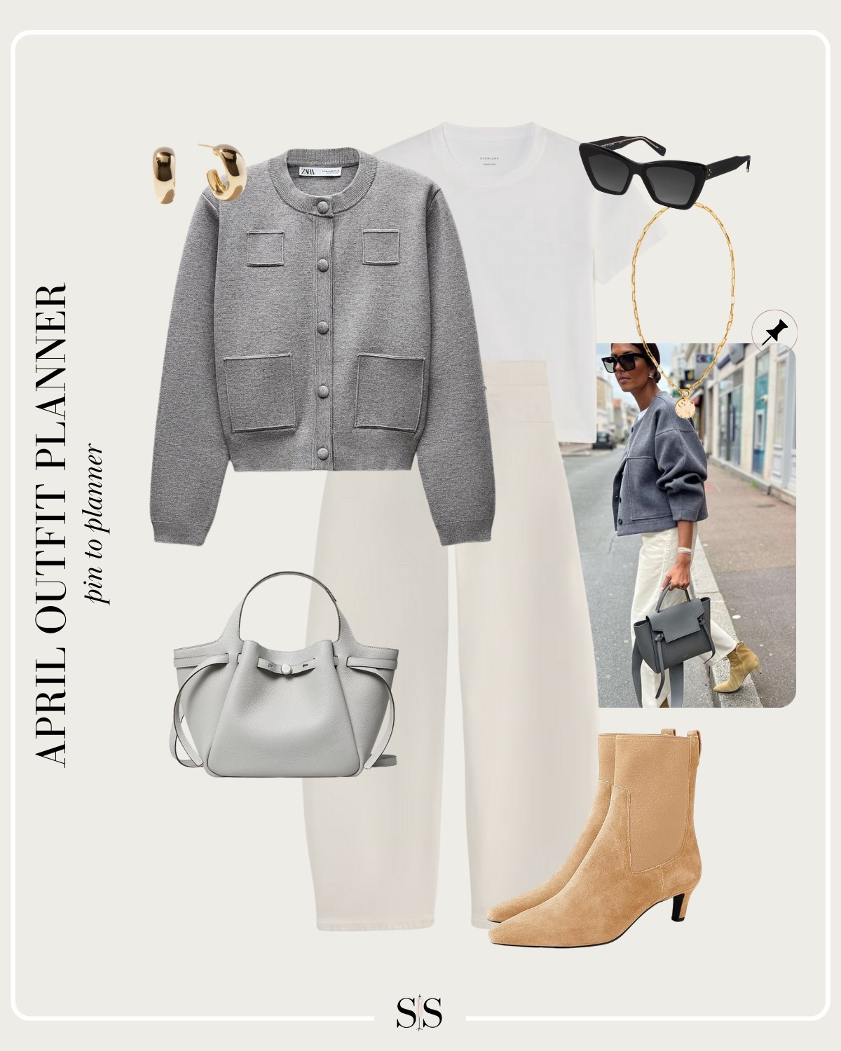 Monthly outfit planner APRIL: Spring transitional looks, pin to planner outfit inspo | gray knit jacket, ecru wash barrel jean, tan ankle boot, gray handbag 

#springoutfit #casualstyle 

Image credit: Pinterest


#LTKStyleTip
