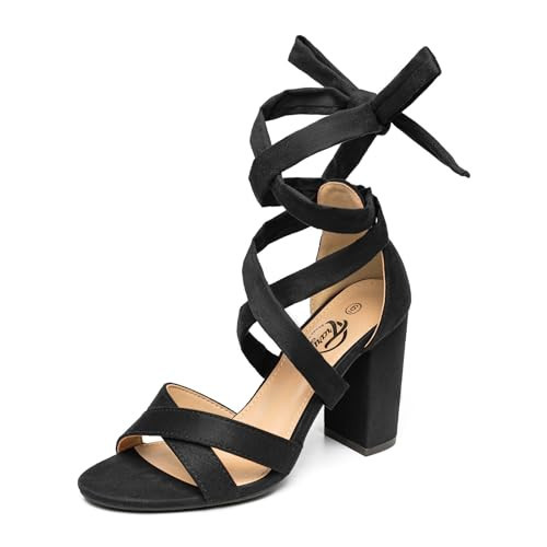 Trary Black Heels for Women Strappy Women's Chunky Heels Wrap Up Prom Shoes Black High Pumps Tie Up Lace Up Open Toe Heeled Sandals Comfortable Dreey Womens Shoes for Party Causal Business Work 10 | Amazon (US)