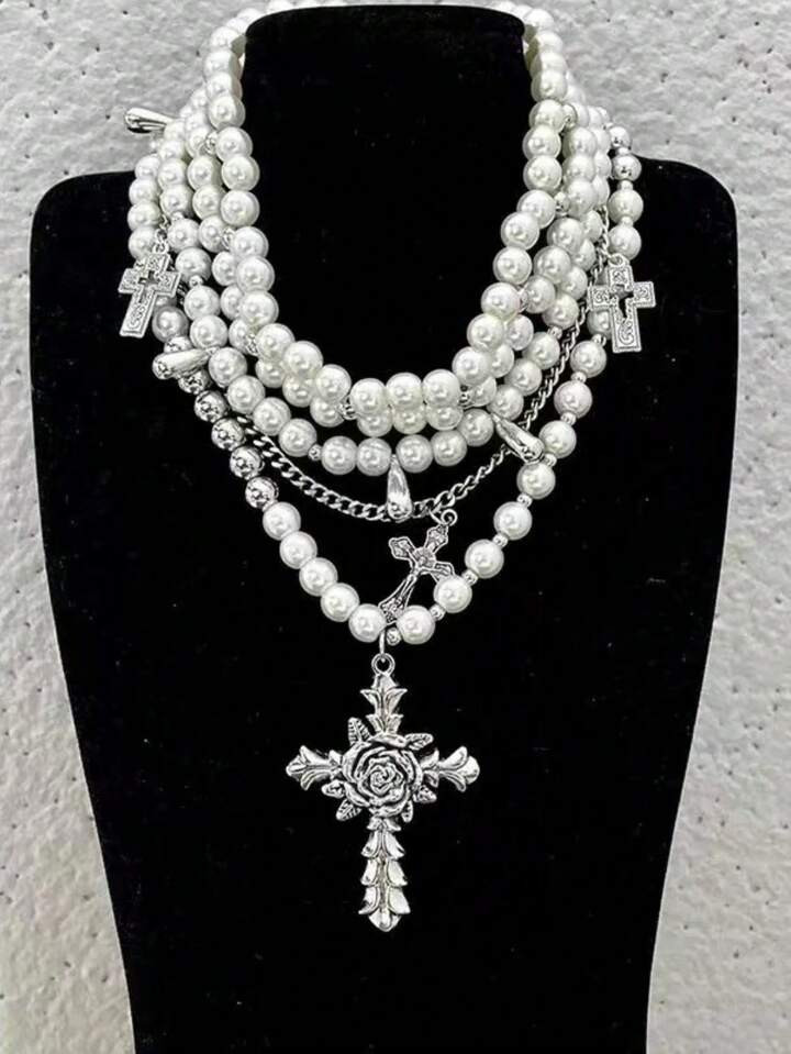 Multi-Layer Cross & Pearl Necklace For Women, Delicate Choker Necklace, Luxury Minimalist Collarb... | SHEIN