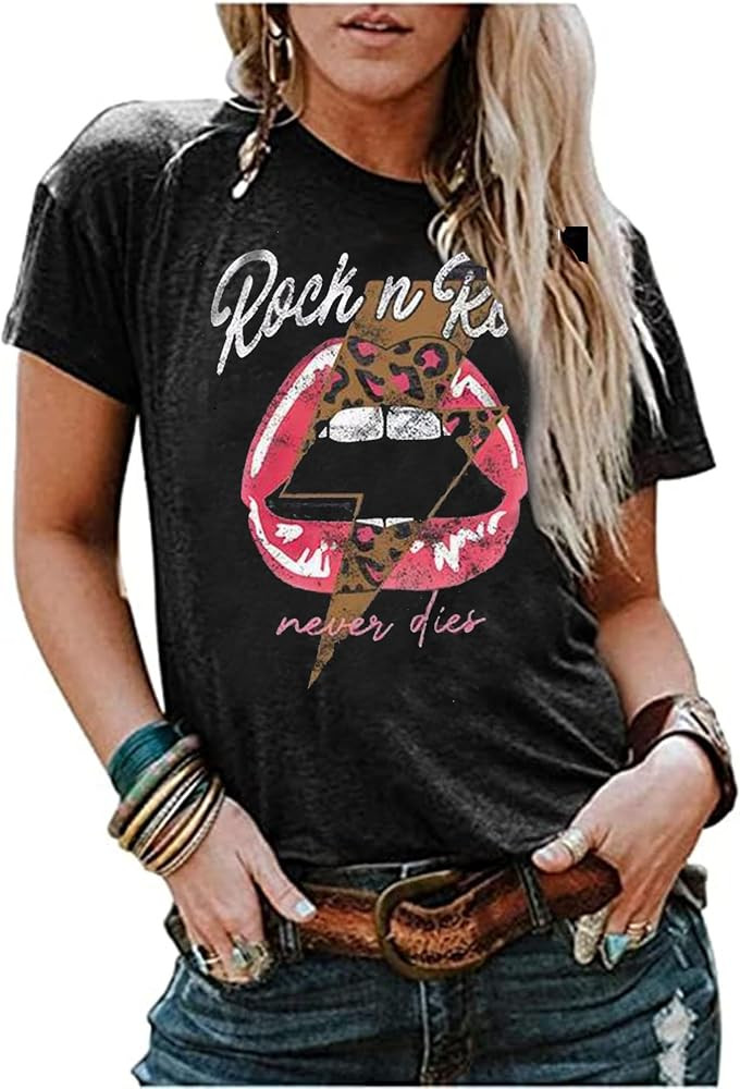 Rock N Roll Shirt Women Vintage Rock Music Graphic Shirt Country Music Tee Funny Letter Printed C... | Amazon (US)