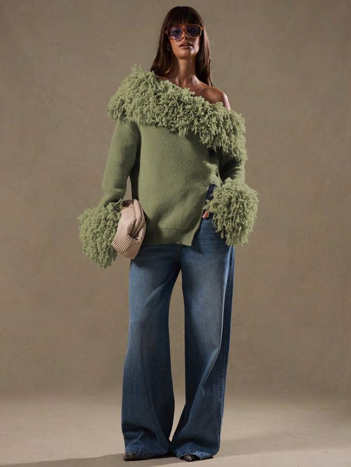 MUSERA Textured Shaggy Knit Off The Shoulder Jumper | SHEIN