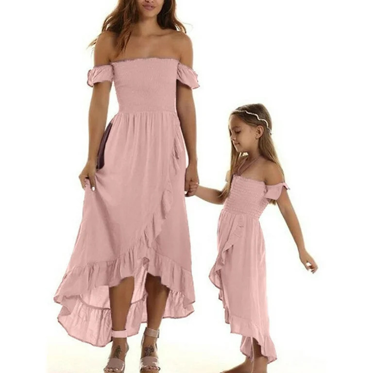 Mommy and Me Dresses Off Shoulder Chiffon Ruffled Long Dress Mother Daughter Matching Sundress | Walmart (US)