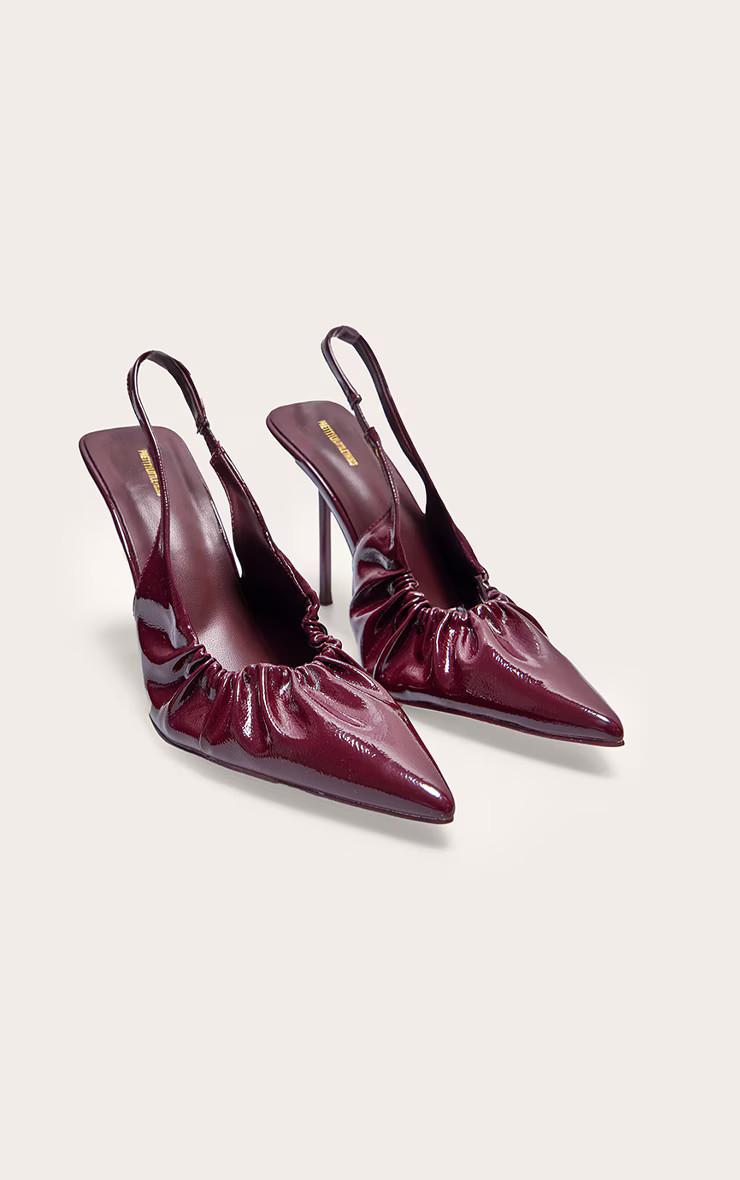 Burgundy PU Point Toe Gathered High Stiletto Sling Back Court Heels | PrettyLittleThing UK