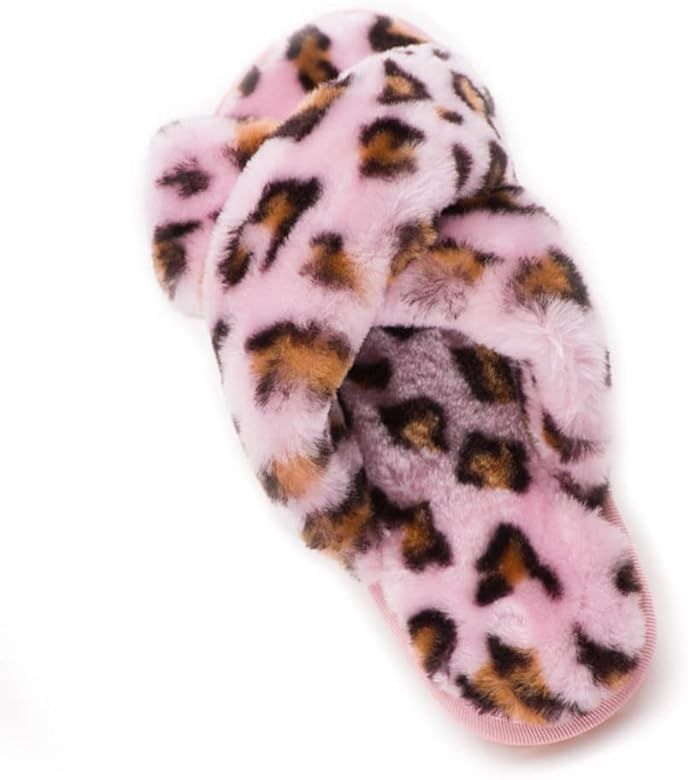 CRAZY LADY Women's Fuzzy Crossband Fluffy Furry Fur Slippers Flip Flop Winter Warm Cozy House Mem... | Amazon (US)
