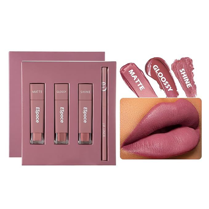 Espoce Lipstick and Lip Liner Set, Liquid Lip Gloss Matte Glossy Shiny, Non-Sticky, Waterproof, L... | Amazon (US)