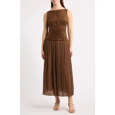 MOON RIVER Sleeveless Faux Suede Mixed Media Midi Dress in Caramel at Nordstrom, Size Medium | Nordstrom
