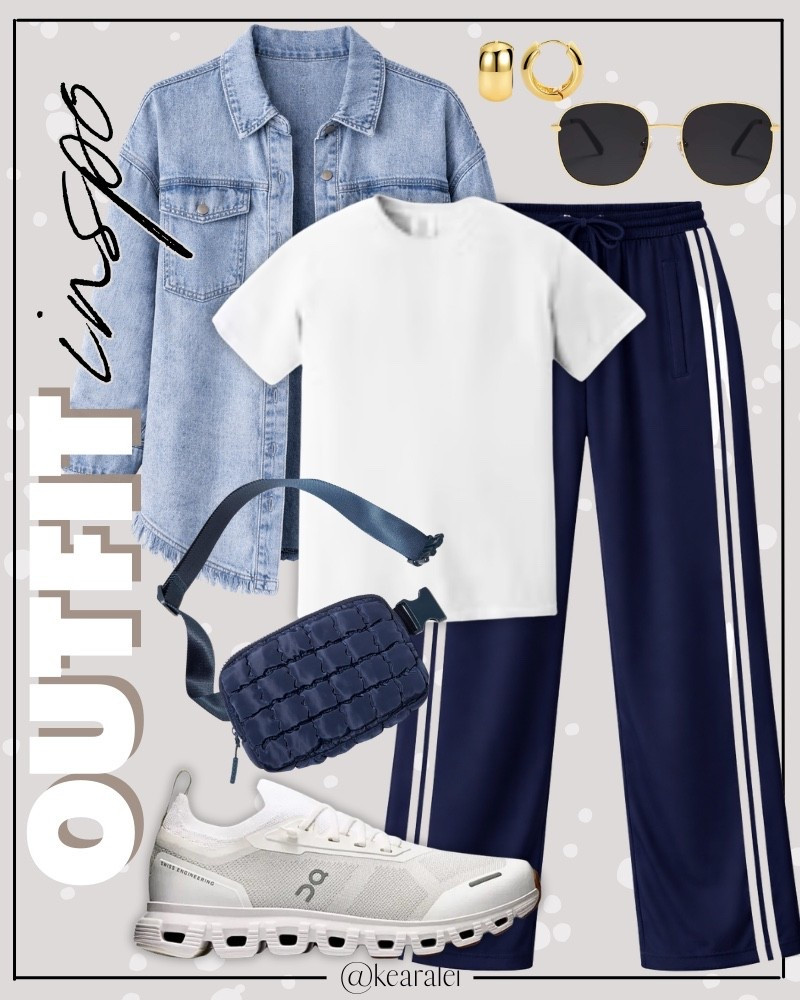 Spring outfits 2026 winter outfits Amazon comfy outfit sporty outfits game day outfits Amazon fashion navy blue track pants wide leg pants trousers activewear  free people inspired look for less oversized white tshirt t-shirt oversized denim jacket Shacket denim button up shirt white on cloud sneakers aviator sunglasses || #amazon #athletic #casual #ootd #sporty #lululemon #oncloud #freepeople #sneakers #neutrals
.
.
.

Fitness Wear, Activewear, exercise outfit, workout leggings, sports bra, Lulu lemon, free people motion active athleisure
.

Amazon fashion, teacher outfits, business casual, casual outfits, neutrals, street style, Midi skirt, Maxi Dress, Swimsuit, Bikini, Travel, skinny Jeans, Puffer Jackets, Concert Outfits, Cocktail Dresses, Sweater dress, Sweaters, cardigans Fleece Pullovers, hoodies, button-downs, Oversized Sweatshirts, Jeans, High Waisted Leggings, dresses, joggers, fall Fashion, winter fashion, leather jacket, Sherpa jackets, Deals, shacket, Plaid Shirt Jackets, apple watch bands, lounge set, Date Night Outfits, Vacation outfits, Mom jeans, shorts, sunglasses, Disney outfits, Romper, jumpsuit, Airport outfits, biker shorts, Weekender bag, plus size fashion, Stanley cup tumbler
.
Target, Abercrombie and fitch, Amazon, Shein, Nordstrom, H&M, forever 21, forever21, Walmart, asos, Nordstrom rack, Nike, adidas, Vans, Quay, Tarte, Sephora, lululemon, free people, j crew jcrew factory, old navy


#LTKSaleAlert #LTKSeasonal #LTKootd