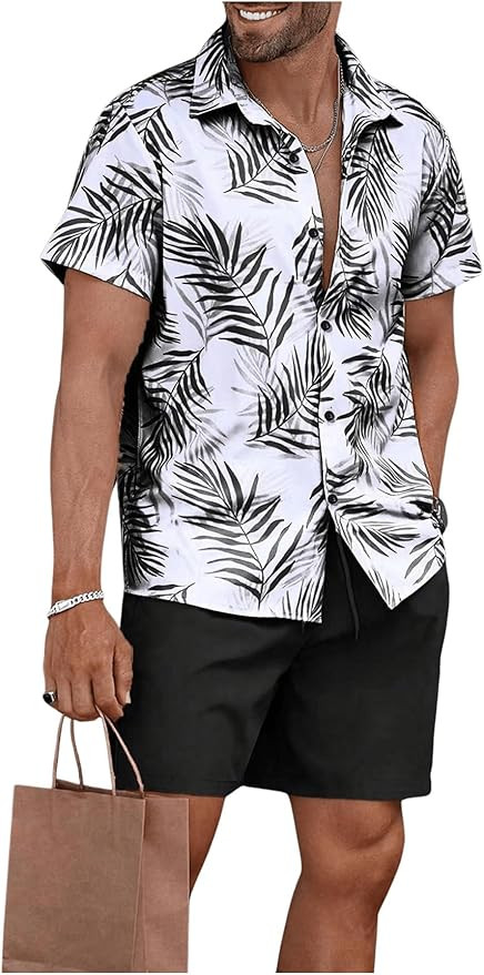 WDIRARA Men's Hawaiian Matching Set Summer Beach 2 Piece Outfits Tropical print Shirts and Shorts | Amazon (US)
