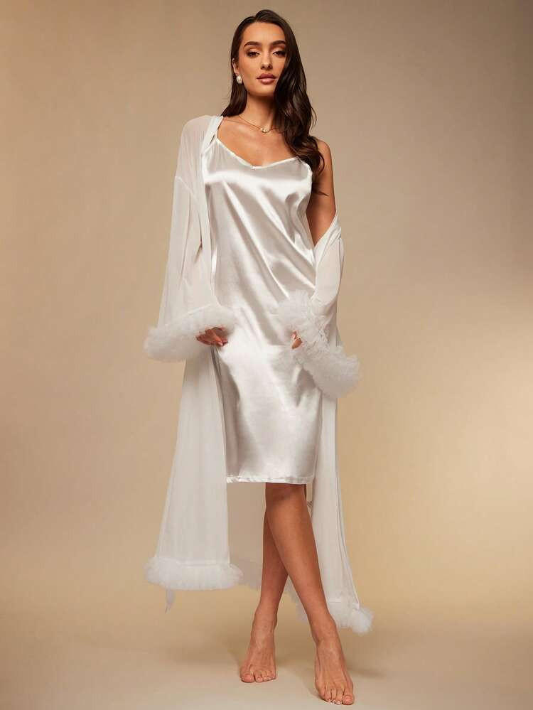 Silquee Fuzzy Trim Belted Satin Robe & Cami Dress PJ Set / Pajama Set White Set, Fall Winter Clot... | SHEIN