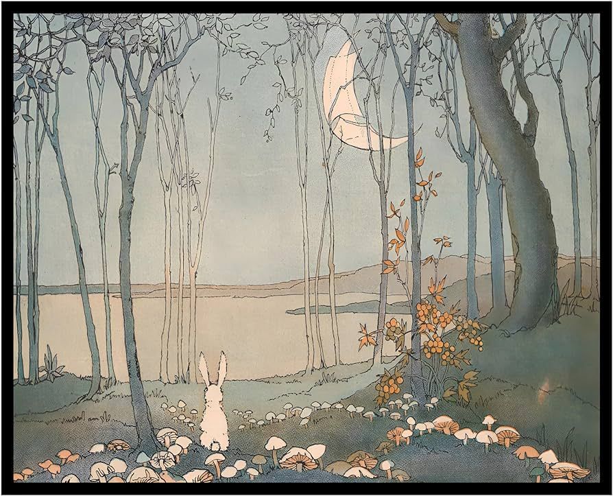 Poster Master New Moon Poster - Retro Bunny in The Woods Print - Mushroom Art - Crescent Moon Art... | Amazon (US)