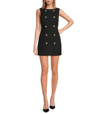 Structured Tweed Double Breasted Crew Neck Sleeveless Mini Dress | Dillard's