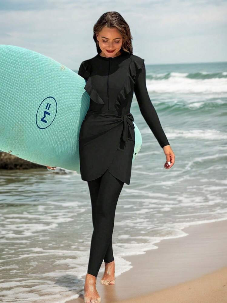 Swim Shayni Women's Burkini One-Piece Swimsuit, Steel-Free, 3-Piece Set, Solid Color, Zipper, Dou... | SHEIN