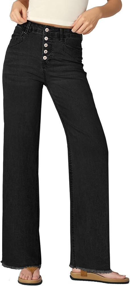 Sidefeel Women Jeans High Waisted Straight Leg Stretchy Trendy Button Fly Raw Hem Wide Leg Denim ... | Amazon (US)