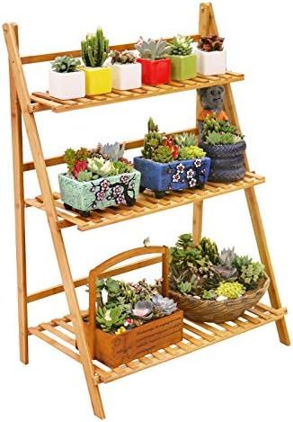 Amazon.com : Ufine Bamboo Ladder Plant Stand 3 Tier Foldable Flower Pot Display Shelf Rack for In... | Amazon (US)
