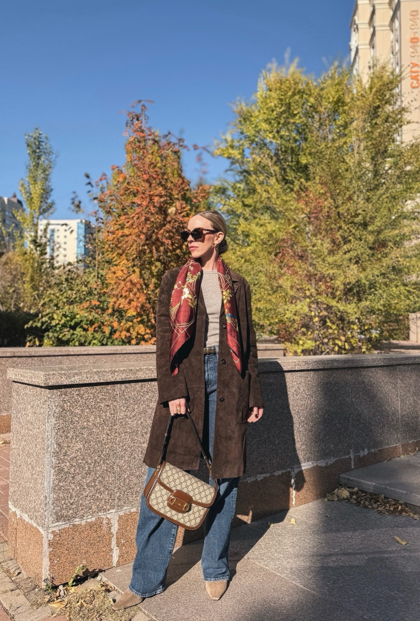 Fall outfit idea with dark brown suede coat, burgundy silk scarf, dark wash denim

#LTKSeasonal #LTKOver40 #LTKSaleAlert