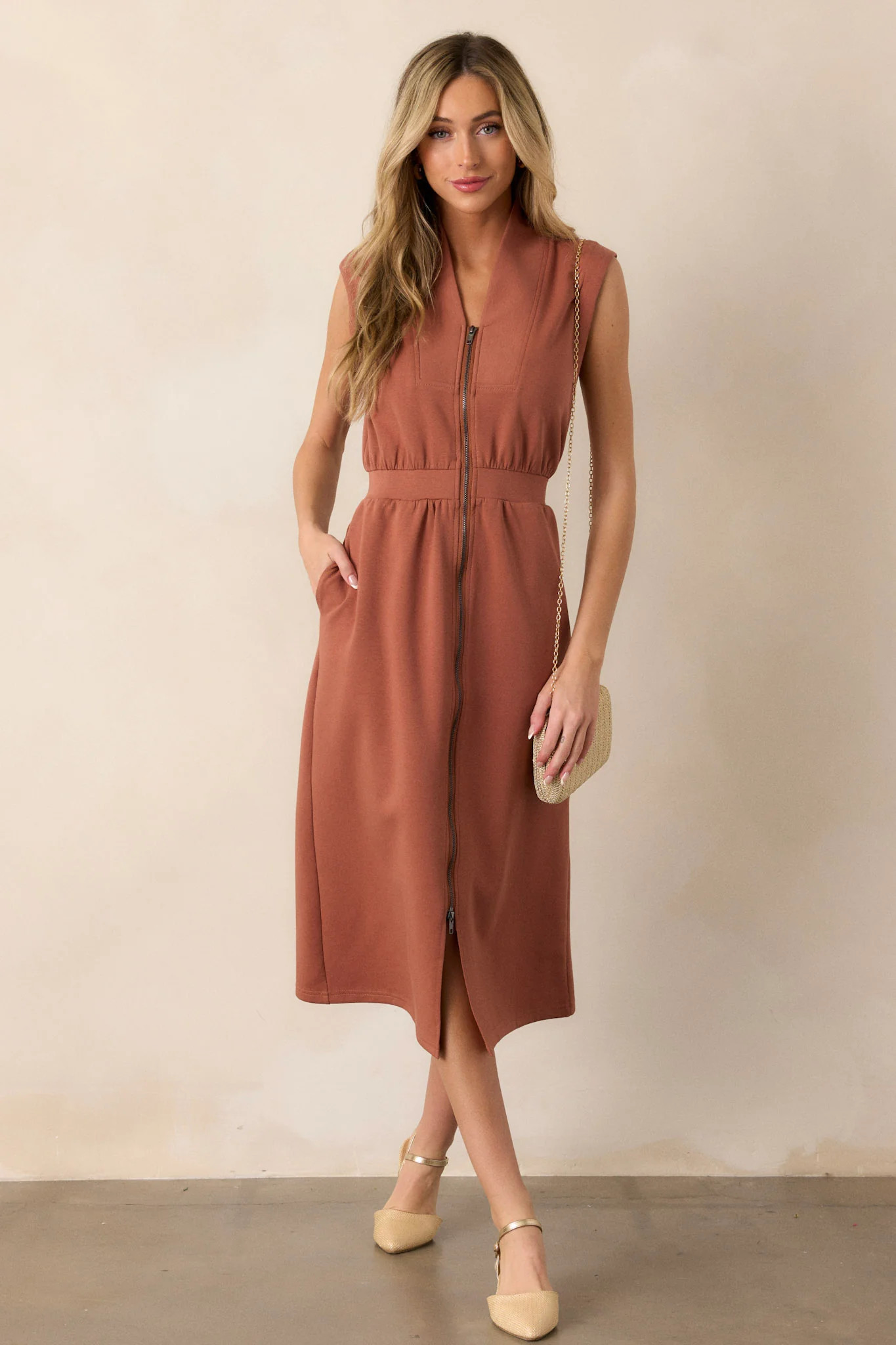 Distant Sun Terracotta Sleeveless Midi Dress | Red Dress