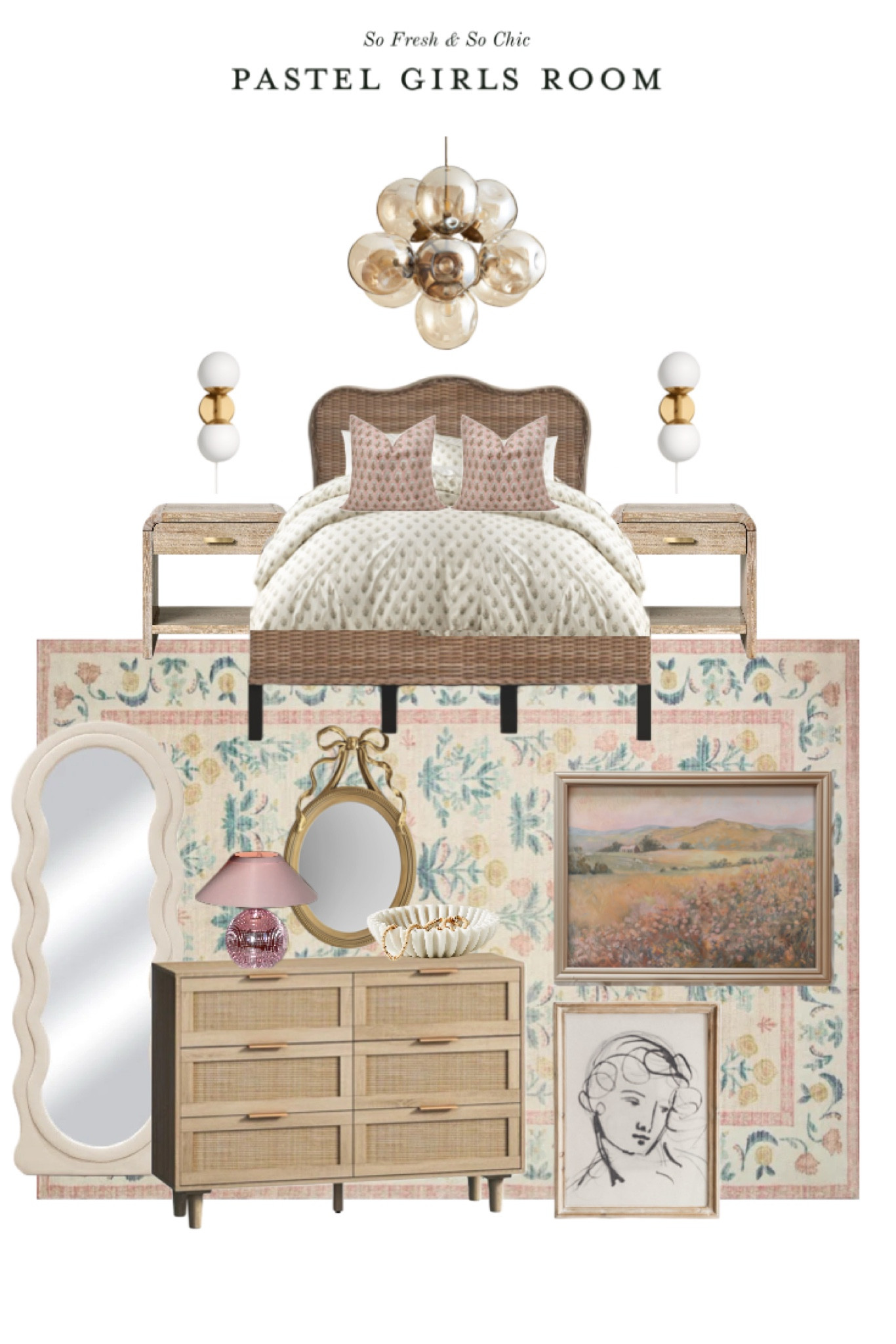 Pastel girl’s room moodboard- High and low finds! 
-
Teen girls room - tween girls room - pastel room decor - dorm room decor - rifle paper co Loloi rug - cloudpile rug - wicker bed - curved nightstands target opalhouse - wood and rattan dresser - vintage art pastel landscape - vintage line art portrait - affordable art - Etsy finds - etsy digital art - wavy floor length mirror - Amazon home finds - gold frame oval mirror with bow - pottery barn teen - pb teen loveshackfancy decor - globe wall sconces target - affordable lighting - champagne glass globe chandelier - statement chandelier - pink disco table lamp urban outfitters home decor -
Dorm room lighting - affordable pink table lamp - marble ruffled bowl affordable Amazon home finds 

#LTKFindsUnder100 #LTKHome #LTKKids