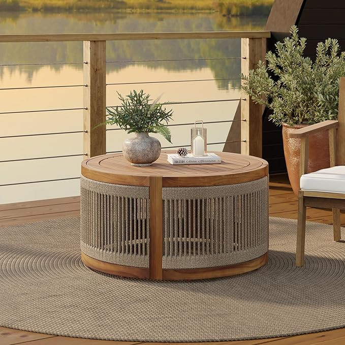 LuxenHome Outdoor Coffee Table, 31'' Acacia Wood Rope Drum Round Sides Patio Tables, Modern Farmh... | Amazon (US)