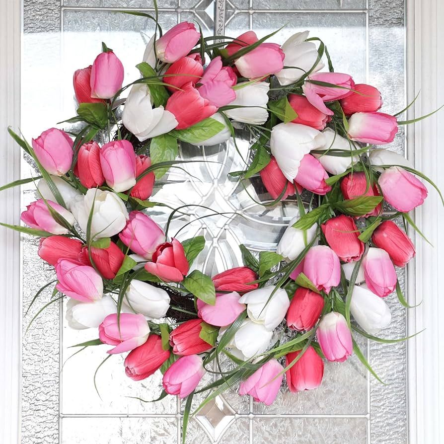 Haute Decor Floral Pink, Red, White, Tulip Wreath with Natural Grapevine Base for Spring and Summ... | Amazon (US)