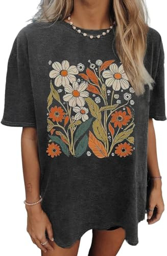 Womens Oversized Tshirt Flower Graphic Tees Nashville Music Short Sleeve Shirts Summer Casual Loose Beach Tops(Dark Gray1,L) | Amazon (US)