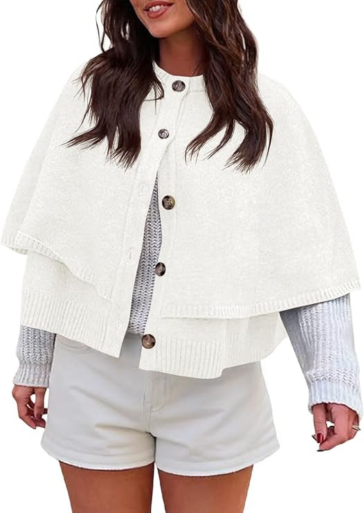 Saodimallsu Womens Cape Cardigan Knit Button Up Crew Neck Fall Trendy Cropped Loose Sweater Jacke... | Amazon (US)