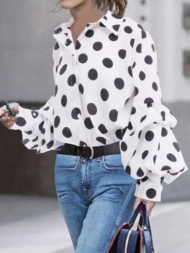 Polka Dots Shift Long Sleeve Shirt Collar Top | StyleWe (US)