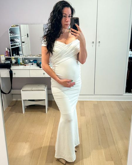 Another option for my baby shower—a white maternity off the shoulder maxi dress with mermaid fit. Also great as a wedding dress, for a babymoon vacation, or a photo shoot. 

#LTKwedding #LTKunder50 #LTKbump