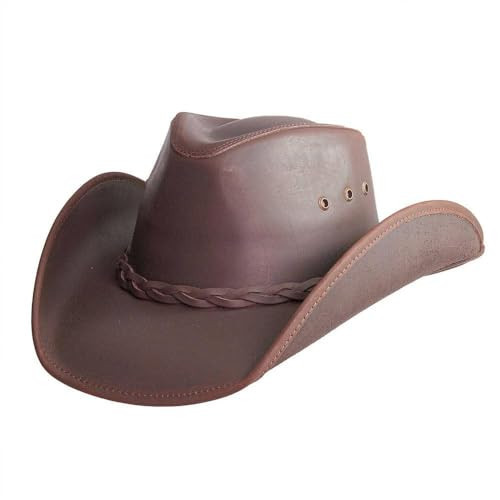 American Hat Makers Hollywood Brown Australian Outback Oiled Genuine Cowhide Leather Western Cowboy Hat for Men and Women, Leather Chinstrap, Vented, Breathable, Packable, and Durable | Medium | Amazon (US)
