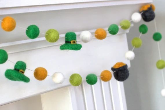 Leprechaun & Pot of Gold Felt Ball Garland- Gold and Shades of Green St. Patrick's Day Decor- 1" ... | Etsy (US)